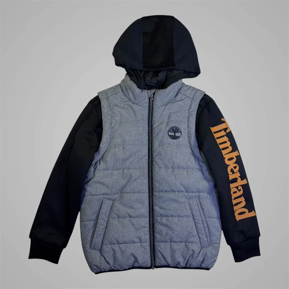 Timberland Kids Unisex Gray Black Puffer Hybrid Hooded Jacket Size M 10/12